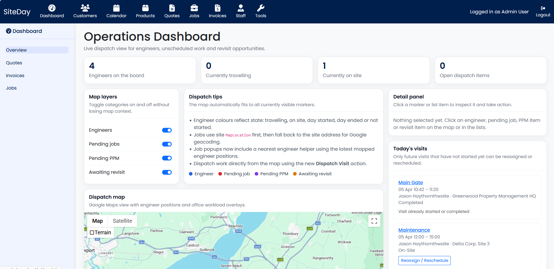 SiteDay dashboard overview