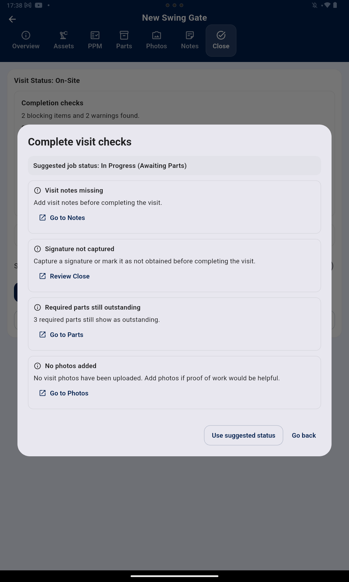 SiteDay visit completion workflow